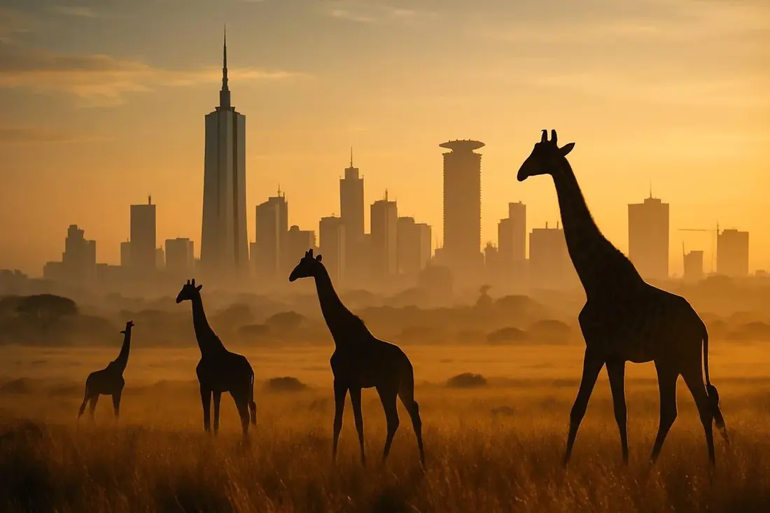 Giraffes at sunset with the Nairobi skyline in the background